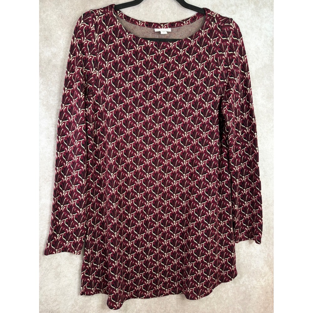 J. Jill Tunic Top Women Medium Burgundy Geometric Ponte Knit Long Sleeve Scoop - Picture 1 of 6